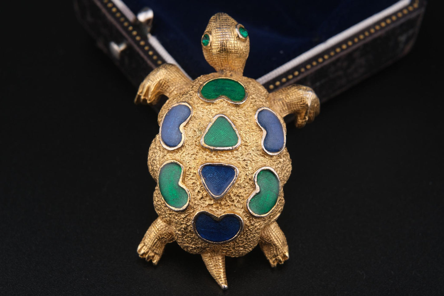 Vintage Signed Forenza Gold-Tone Metal Turtle Brooch with Green & Blue Enamel –