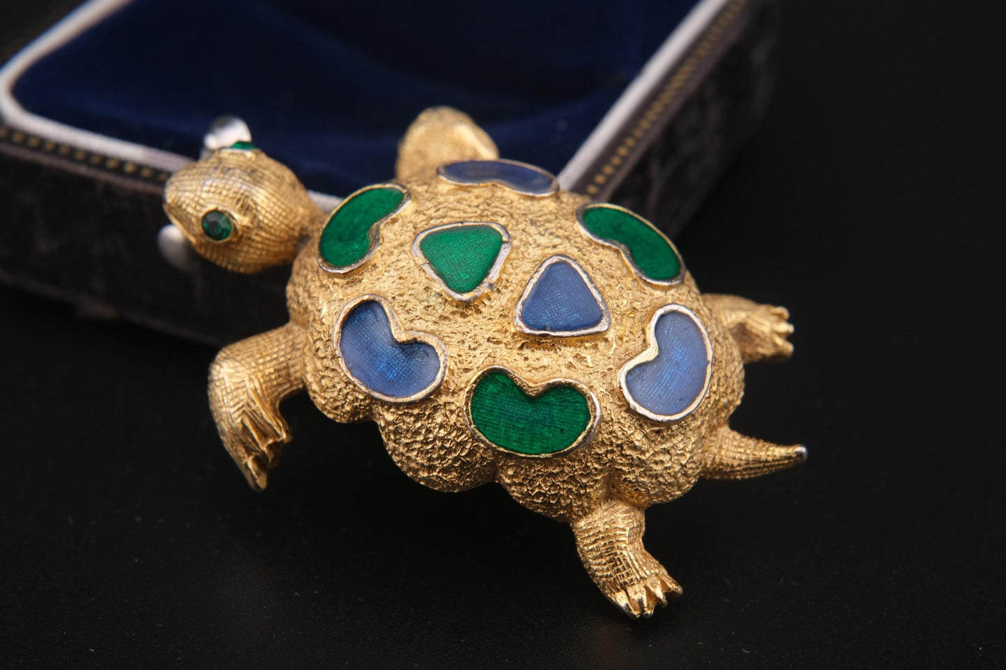 Vintage Signed Forenza Gold-Tone Metal Turtle Brooch with Green & Blue Enamel –