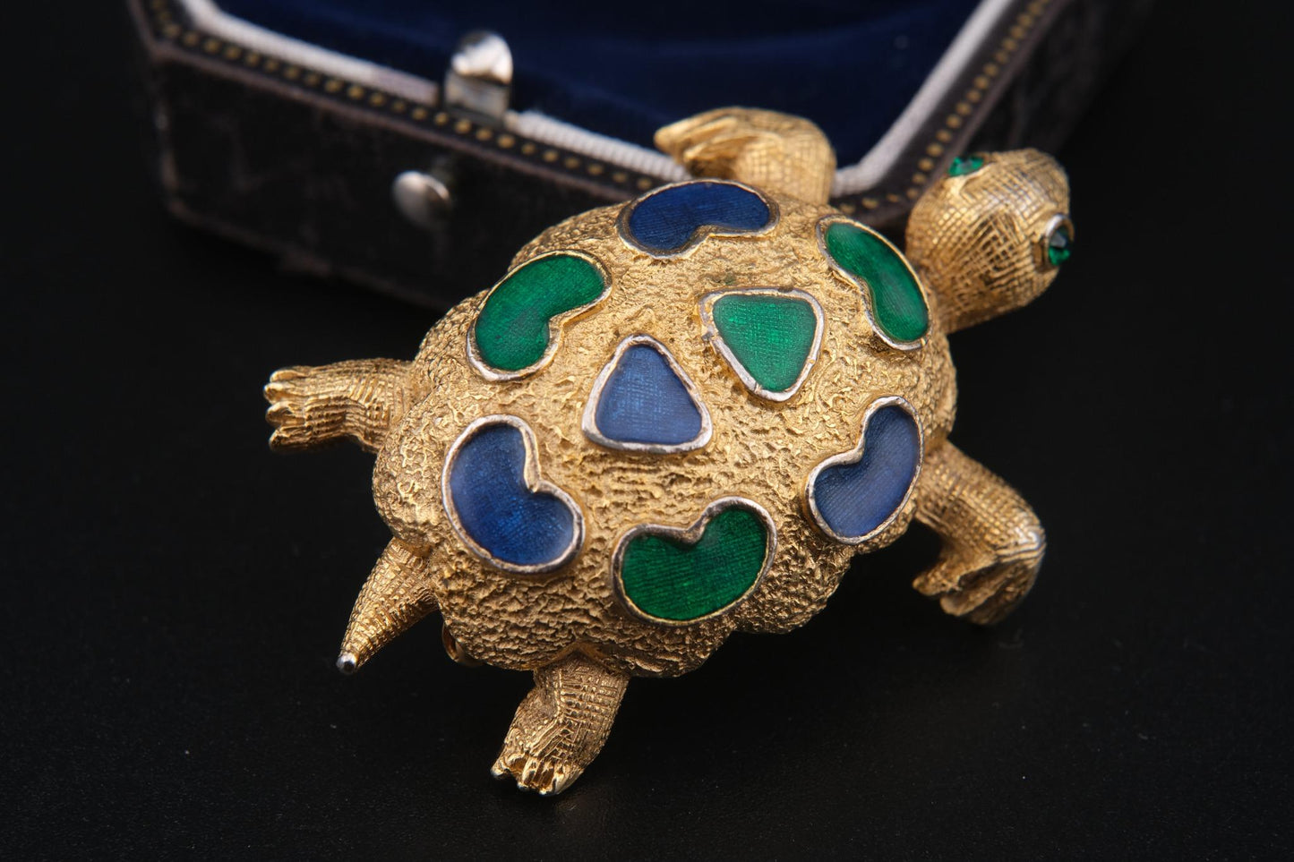 Vintage Signed Forenza Gold-Tone Metal Turtle Brooch with Green & Blue Enamel –