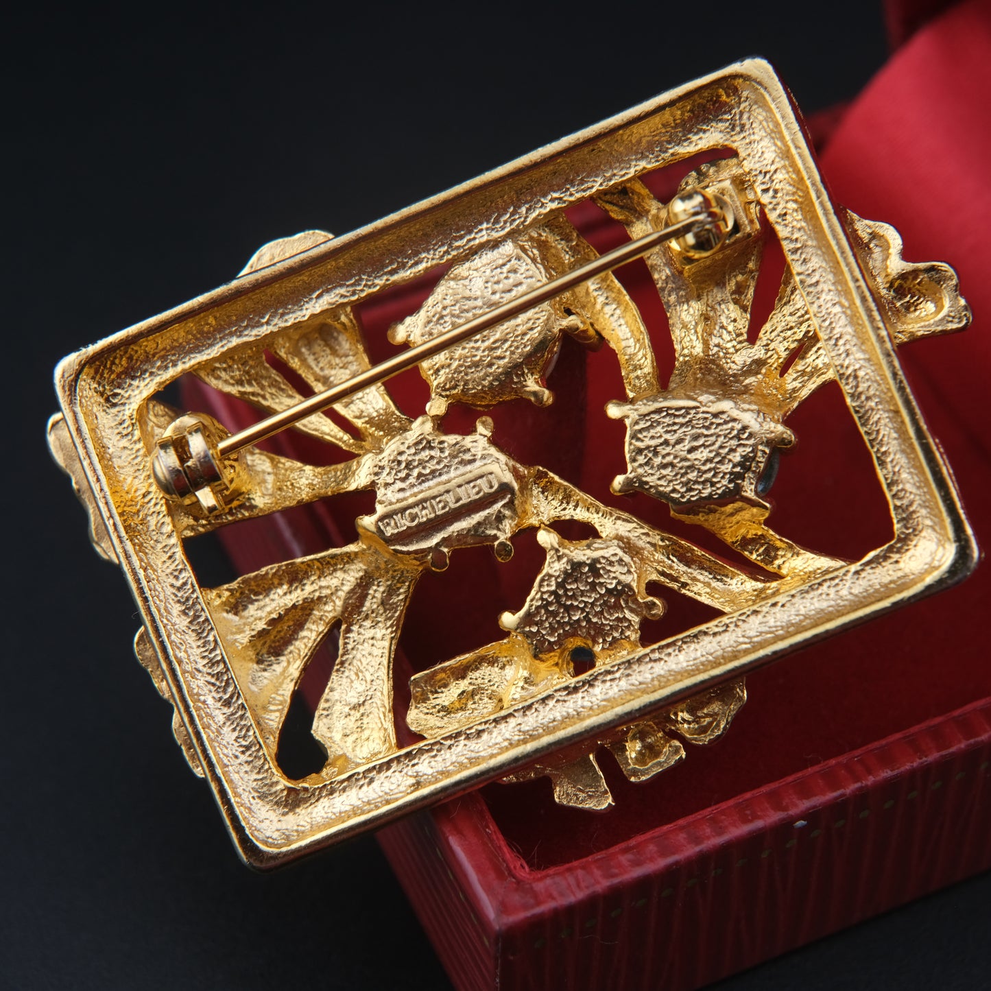 Vintage Richelieu Gold-Tone Floral Brooch with Pastel Cabochons & Faux Pearl