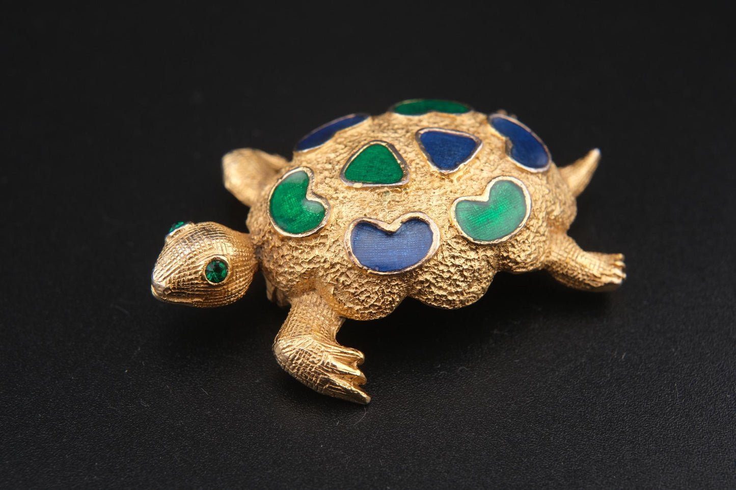 Vintage Signed Forenza Gold-Tone Metal Turtle Brooch with Green & Blue Enamel –