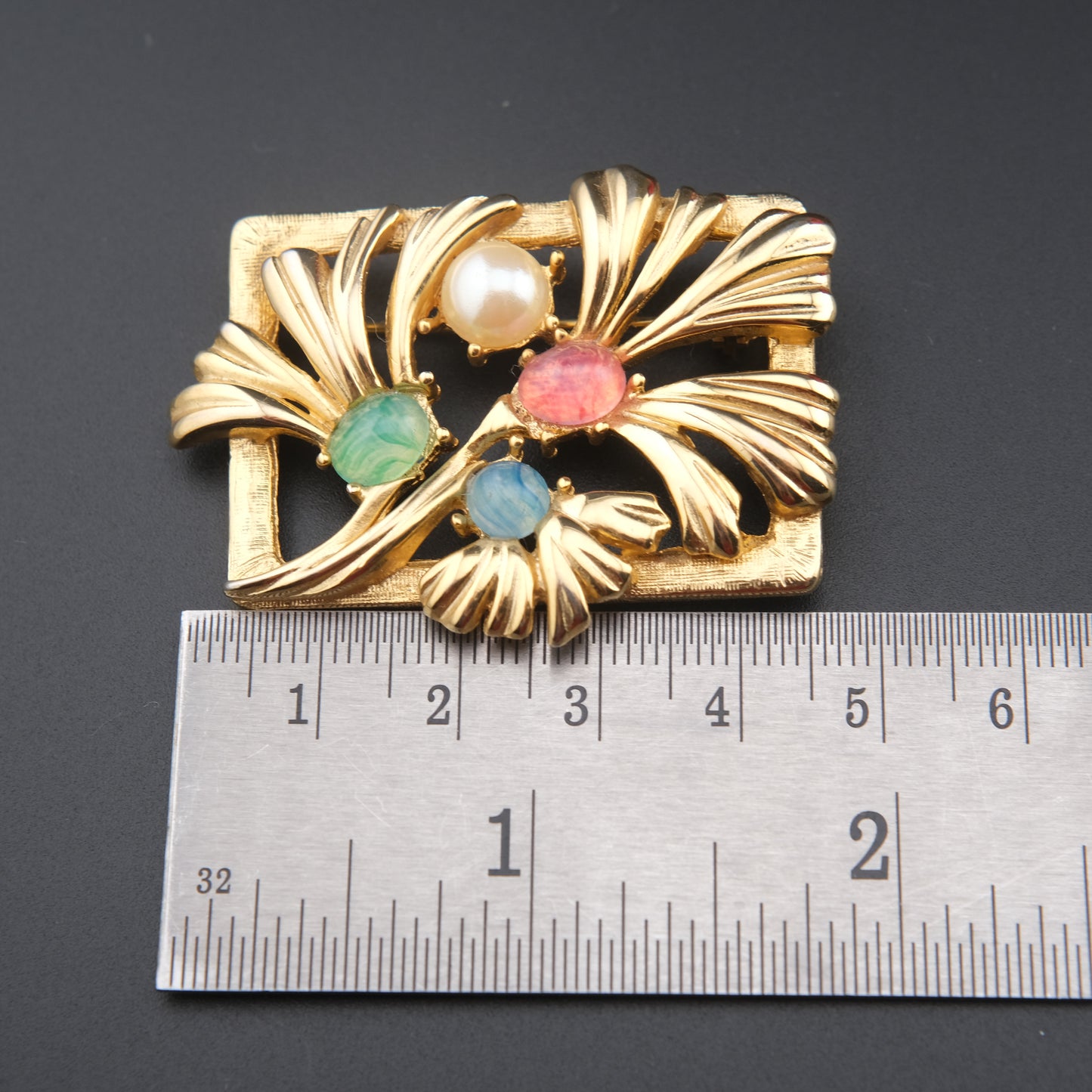 Vintage Richelieu Gold-Tone Floral Brooch with Pastel Cabochons & Faux Pearl