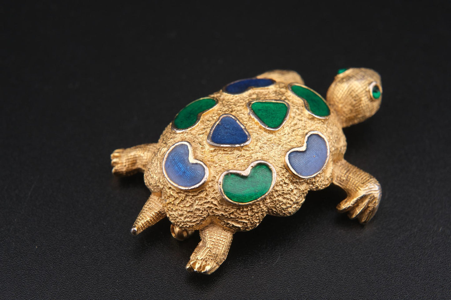 Vintage Signed Forenza Gold-Tone Metal Turtle Brooch with Green & Blue Enamel –