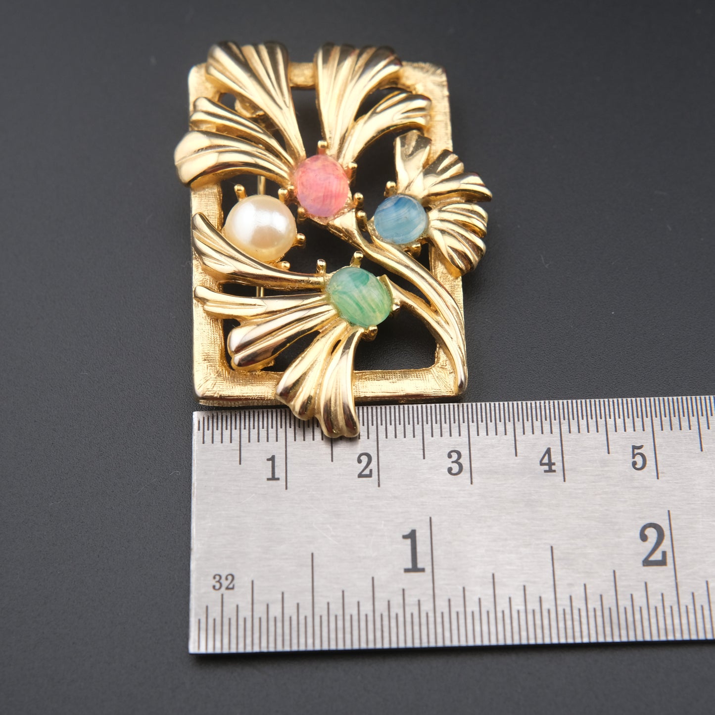 Vintage Richelieu Gold-Tone Floral Brooch with Pastel Cabochons & Faux Pearl