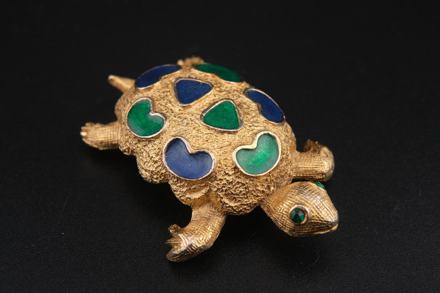 Vintage Signed Forenza Gold-Tone Metal Turtle Brooch with Green & Blue Enamel –