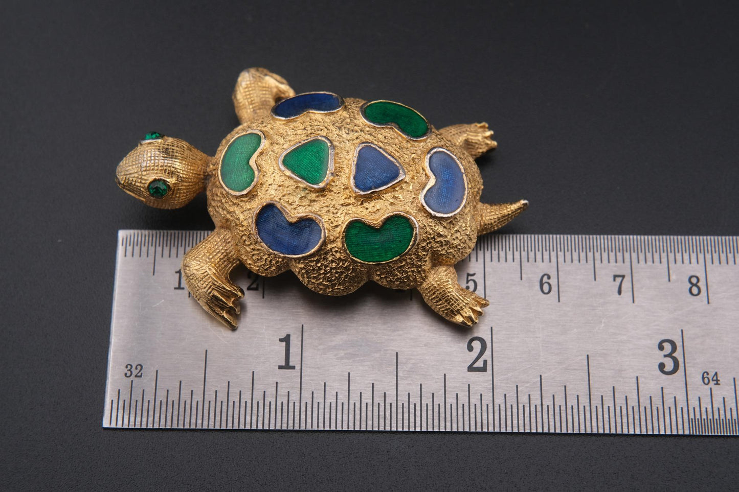 Vintage Signed Forenza Gold-Tone Metal Turtle Brooch with Green & Blue Enamel –