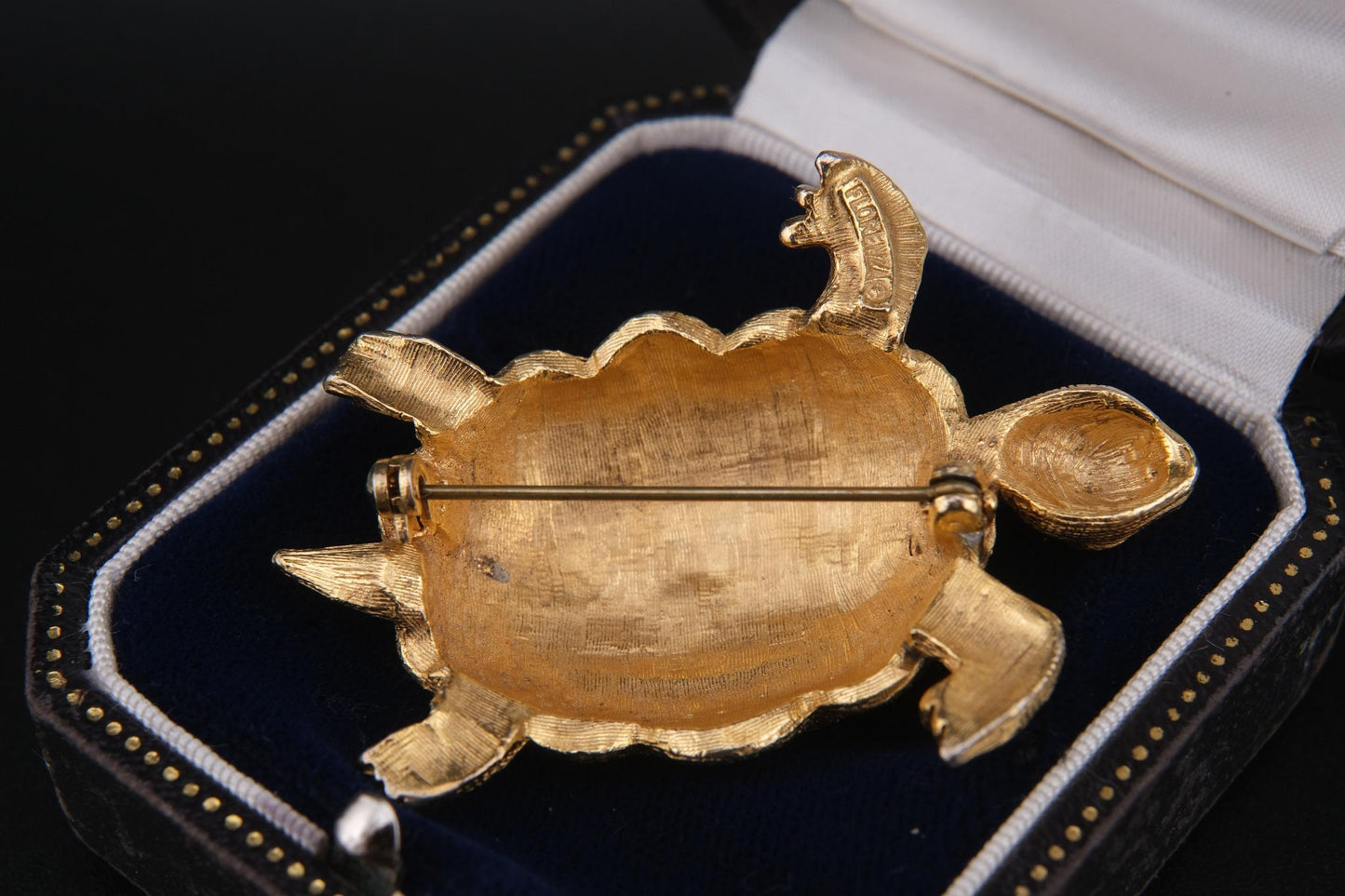 Vintage Signed Forenza Gold-Tone Metal Turtle Brooch with Green & Blue Enamel –