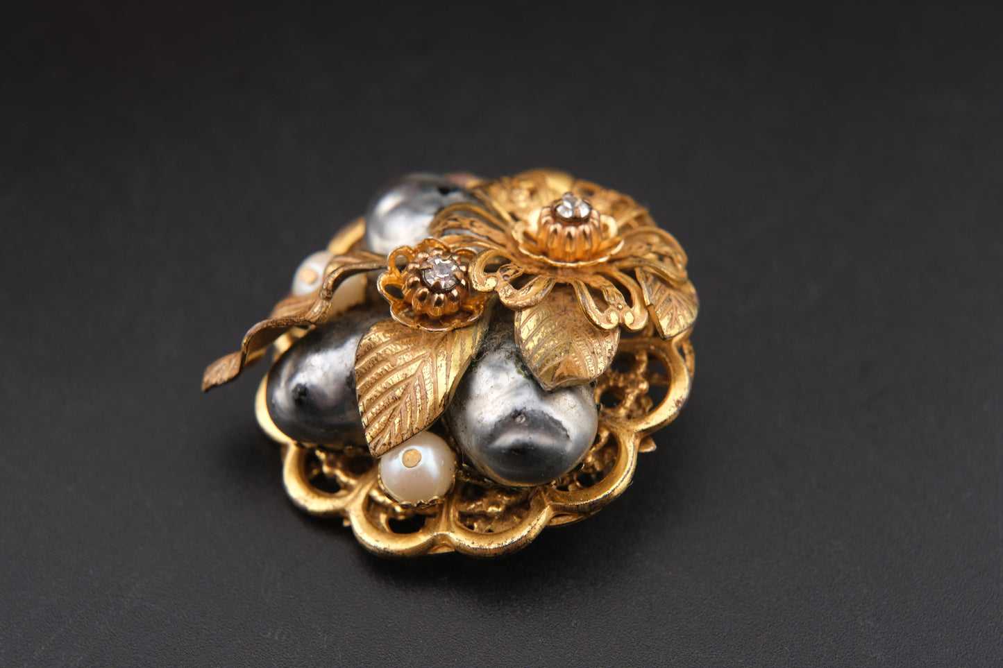 Vintage Stanley Hagler NYC Floral & Pearl Cluster Brooch – Gold-Tone Filigree with Baroque Beads & Rhinestones