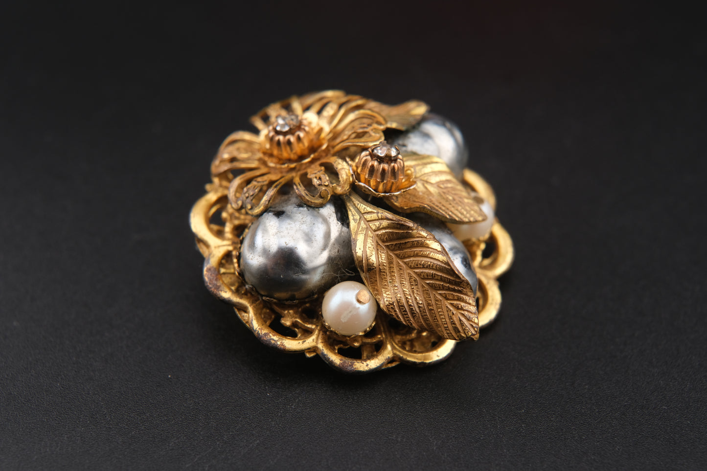 Vintage Stanley Hagler NYC Floral & Pearl Cluster Brooch – Gold-Tone Filigree with Baroque Beads & Rhinestones