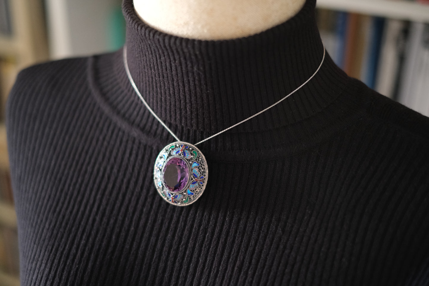 Chinese Export Amethyst Brooch – Silver Filigree with Enamel Butterflies