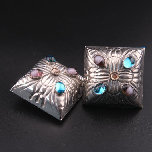 ❤️ Vintage M. Baer SF Silver Tone Floral Dome Clip-On Earrings with Multicolor Cabochon Stones