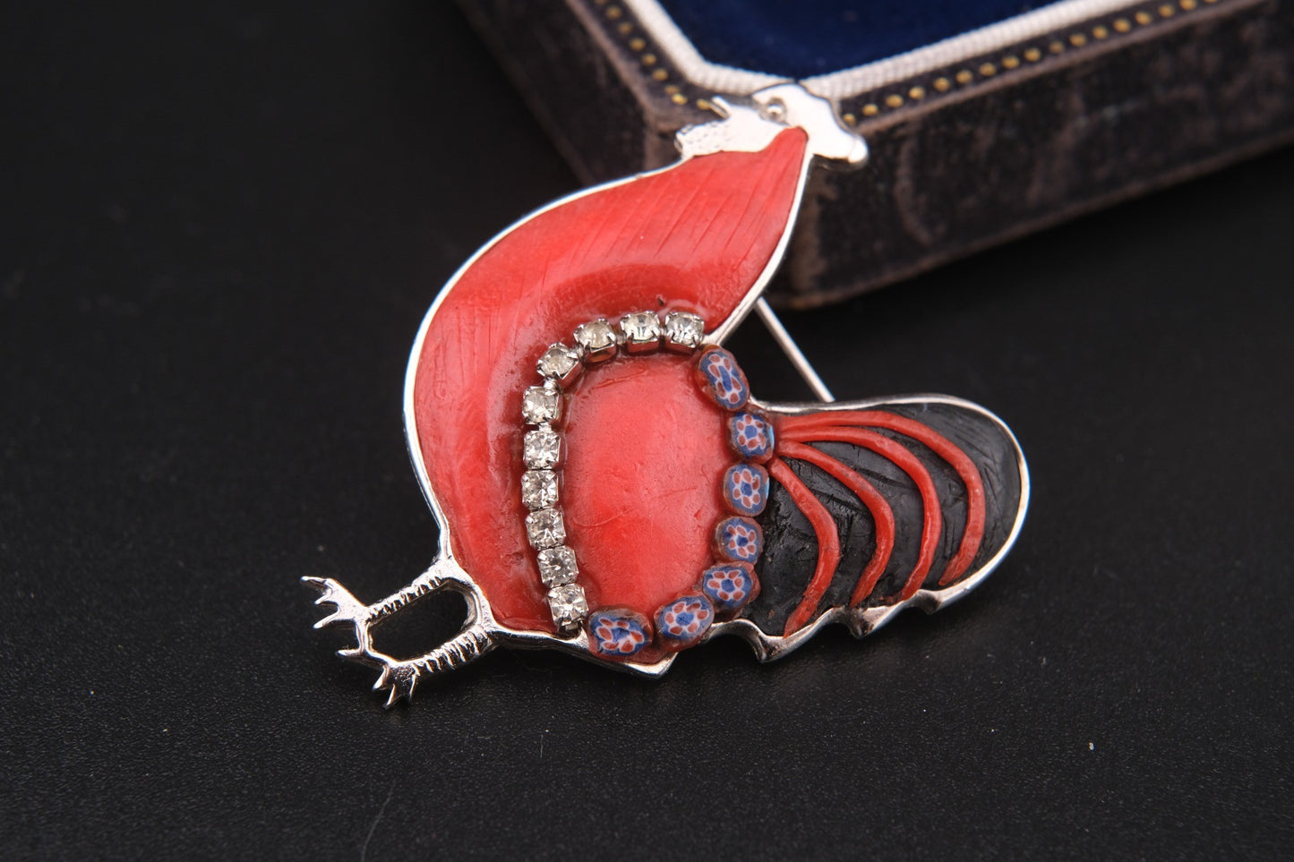Vintage Rooster Brooch – Red Resin, Glass & Rhinestones – Silver-Tone Metal