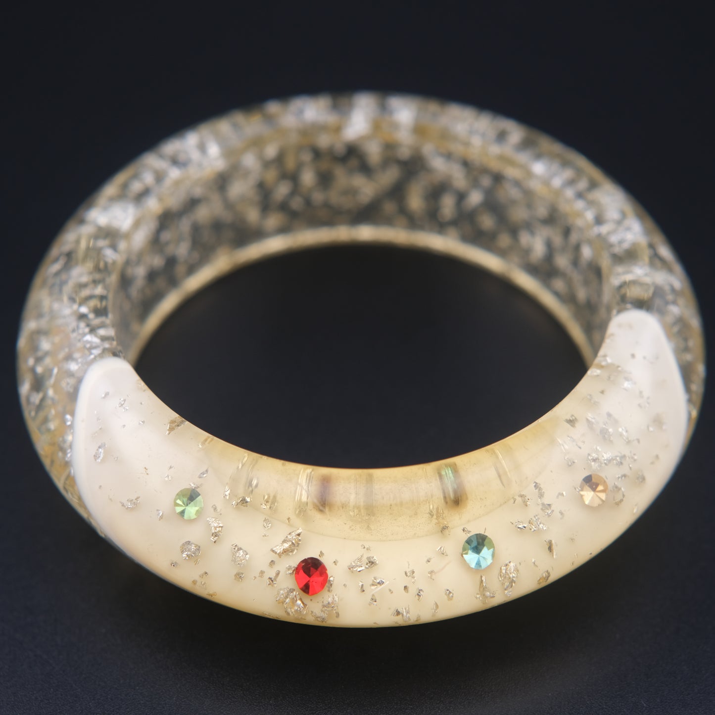 Vintage Lucite Bangle Bracelet with Rhinestones & Silver Foil Flecks