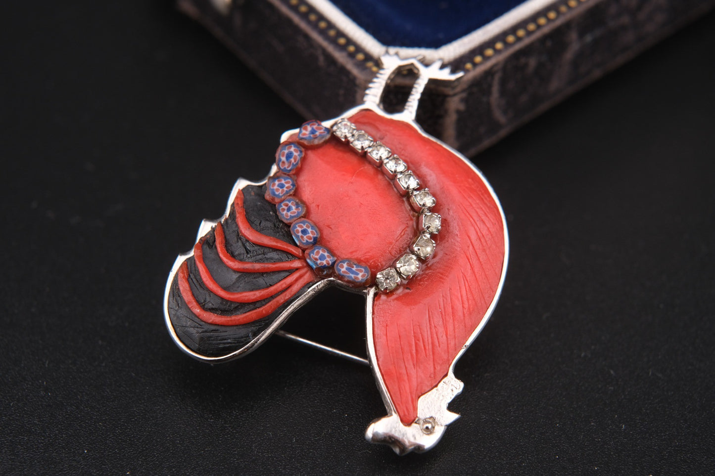 Vintage Rooster Brooch – Red Resin, Glass & Rhinestones – Silver-Tone Metal