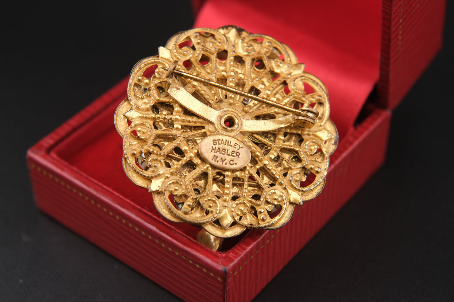 Vintage Stanley Hagler NYC Floral & Pearl Cluster Brooch – Gold-Tone Filigree with Baroque Beads & Rhinestones