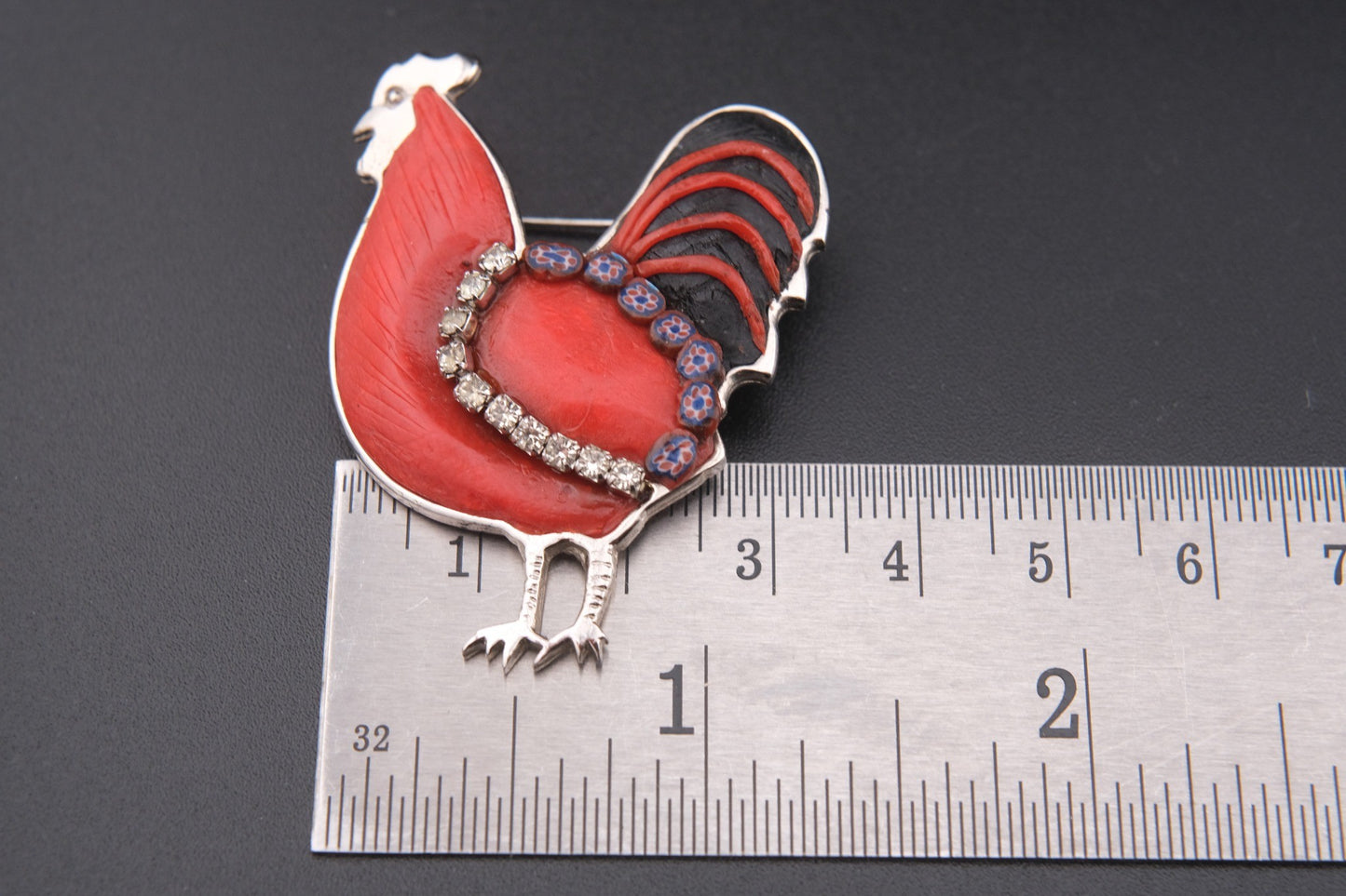Vintage Rooster Brooch – Red Resin, Glass & Rhinestones – Silver-Tone Metal