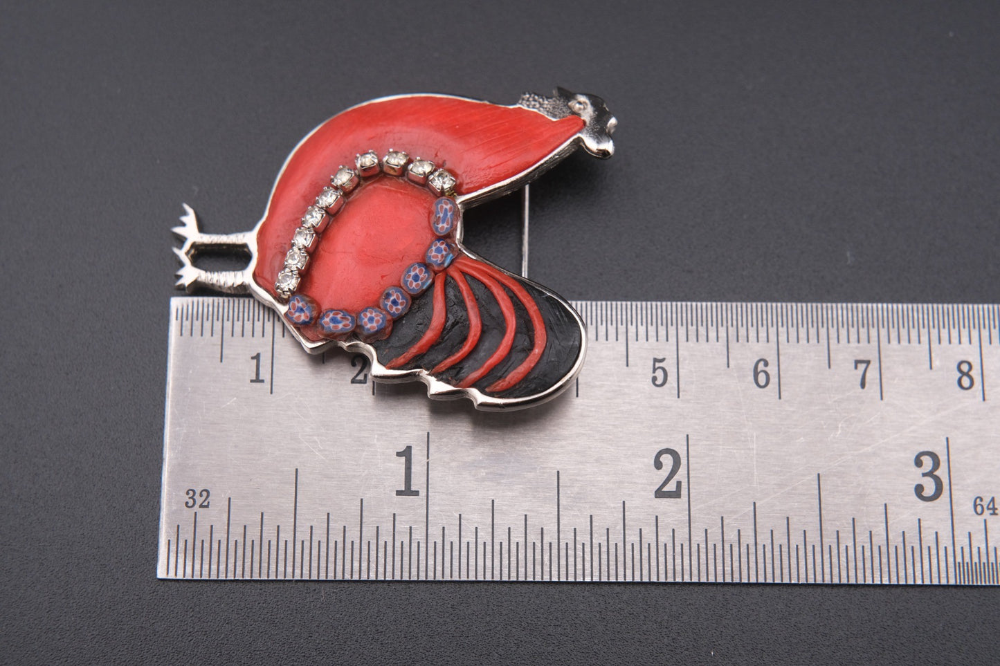Vintage Rooster Brooch – Red Resin, Glass & Rhinestones – Silver-Tone Metal