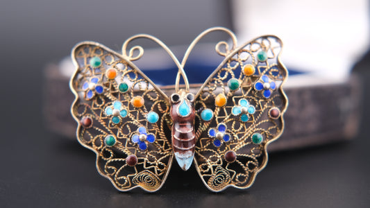 Vintage Sterling Silver Filigree Butterfly Brooch with Colorful Enamel Flowers | Marked 925
