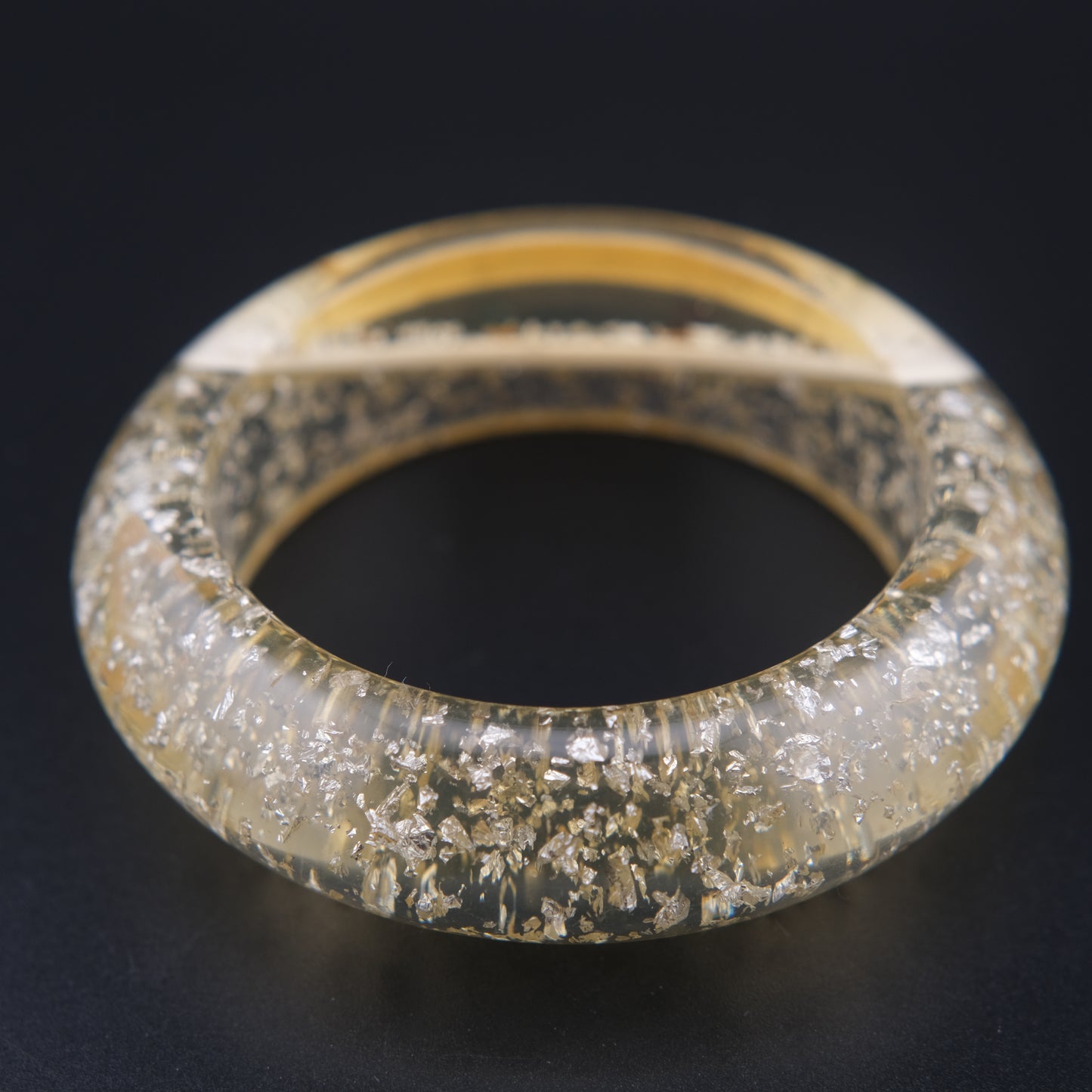 Vintage Lucite Bangle Bracelet with Rhinestones & Silver Foil Flecks