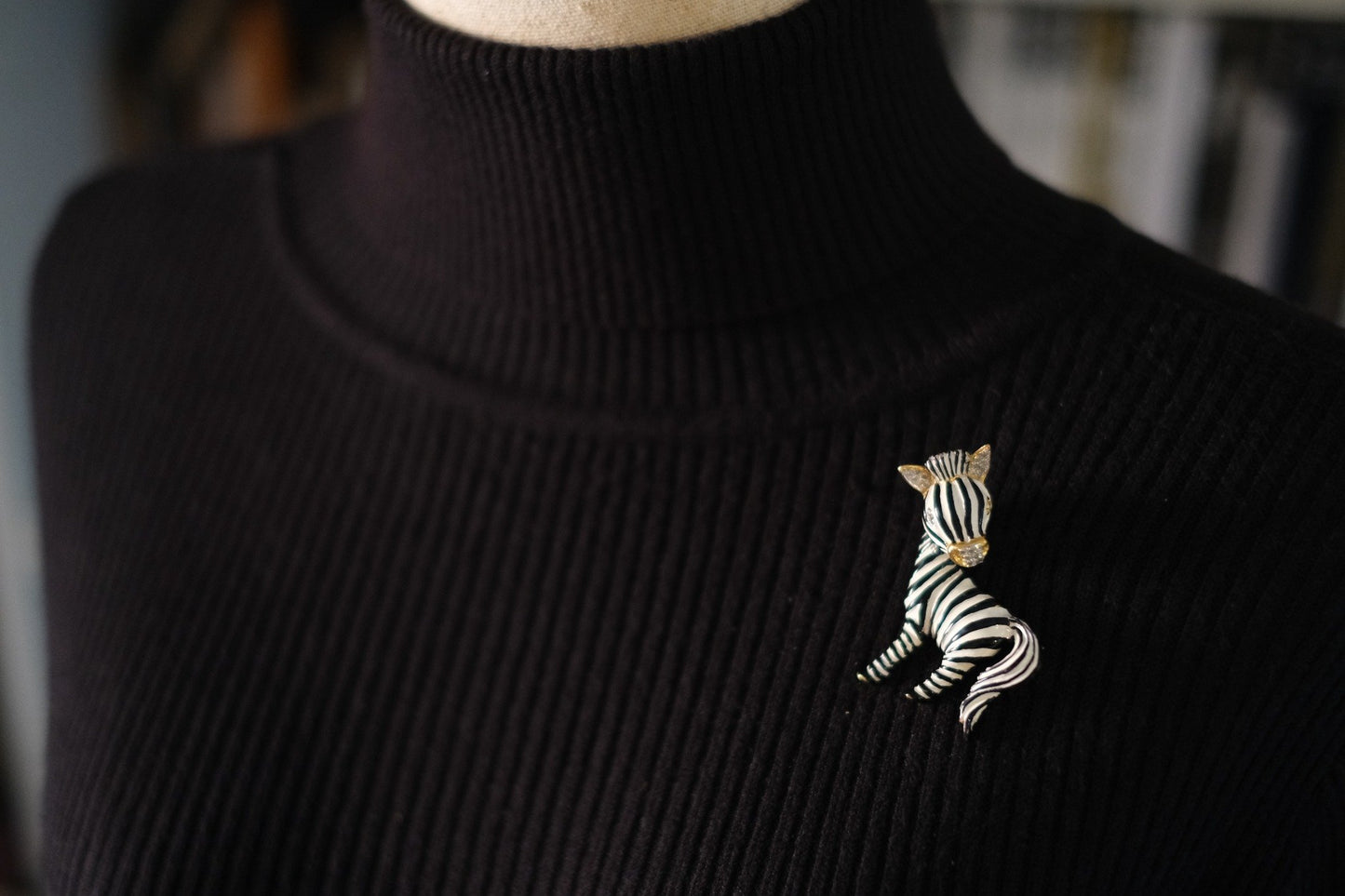 Signed Vogue Bijoux Vintage Zebra Brooch Pin – Enamel, Rhinestone,