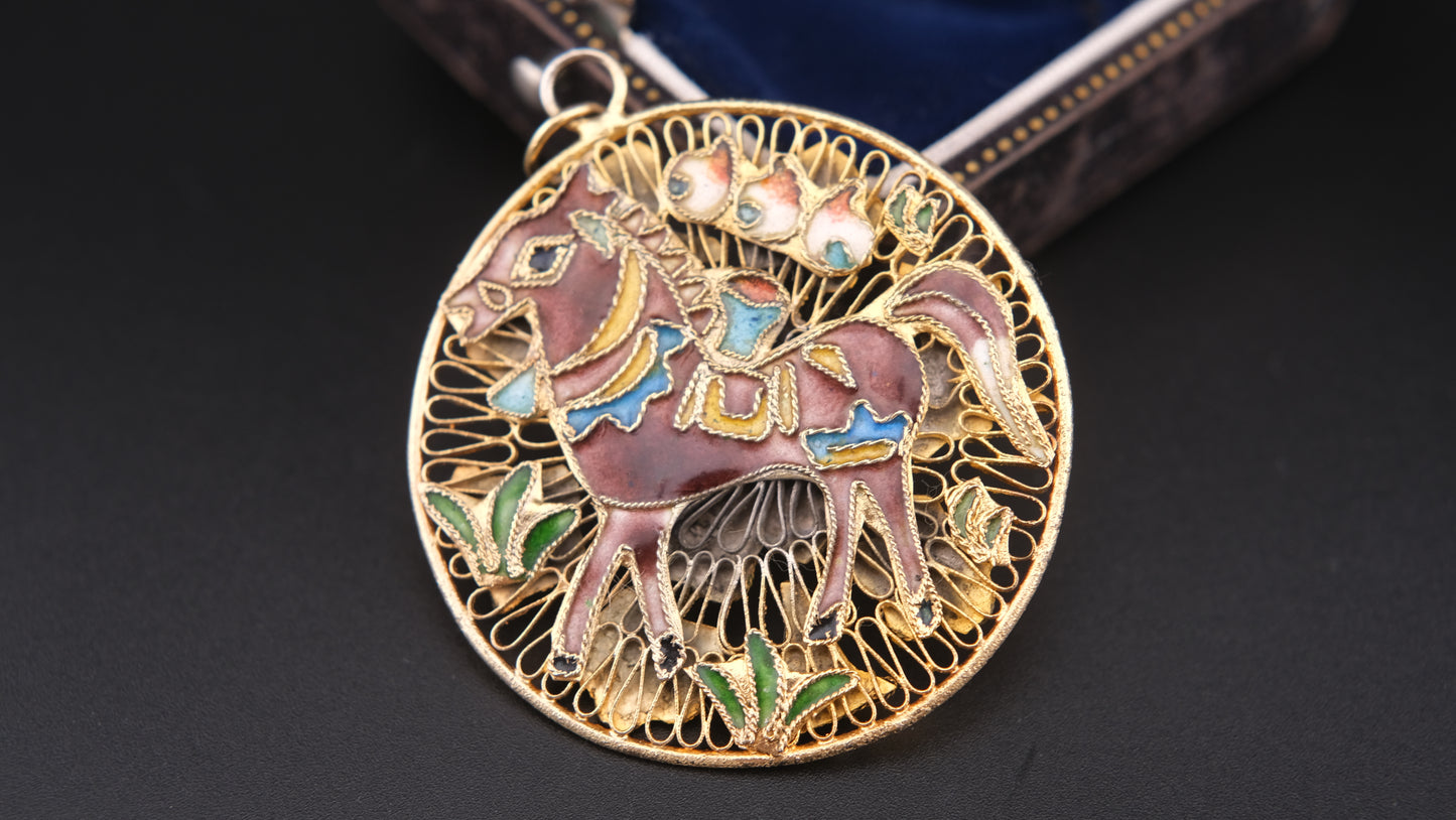 Vintage Double-Sided Cloisonné Pendant – Horse & Floral Motif in Gold Tone Filigree (Chain Excluded)