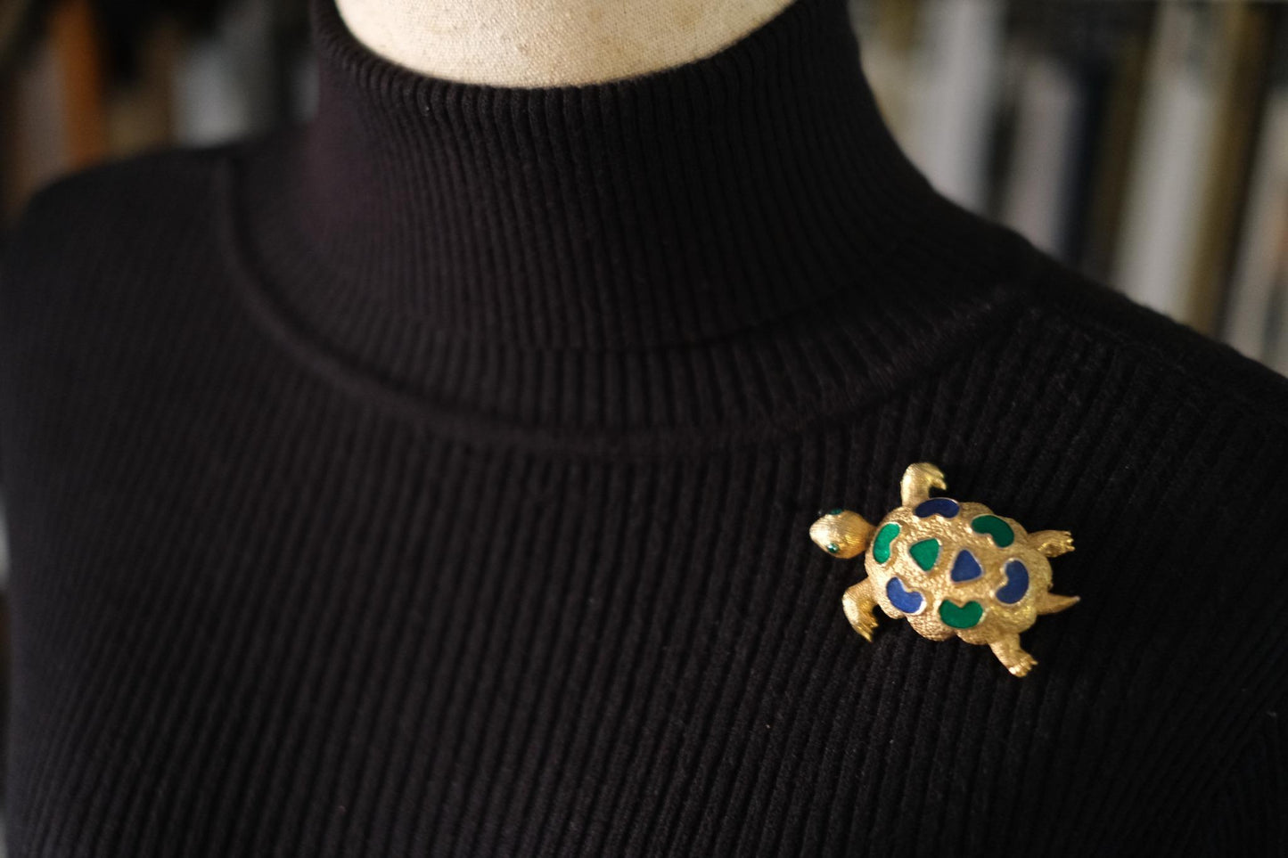 Vintage Signed Forenza Gold-Tone Metal Turtle Brooch with Green & Blue Enamel –