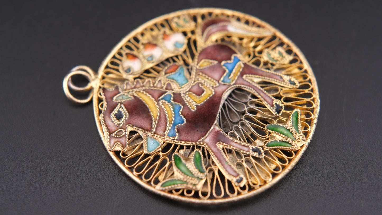 Vintage Double-Sided Cloisonné Pendant – Horse & Floral Motif in Gold Tone Filigree (Chain Excluded)