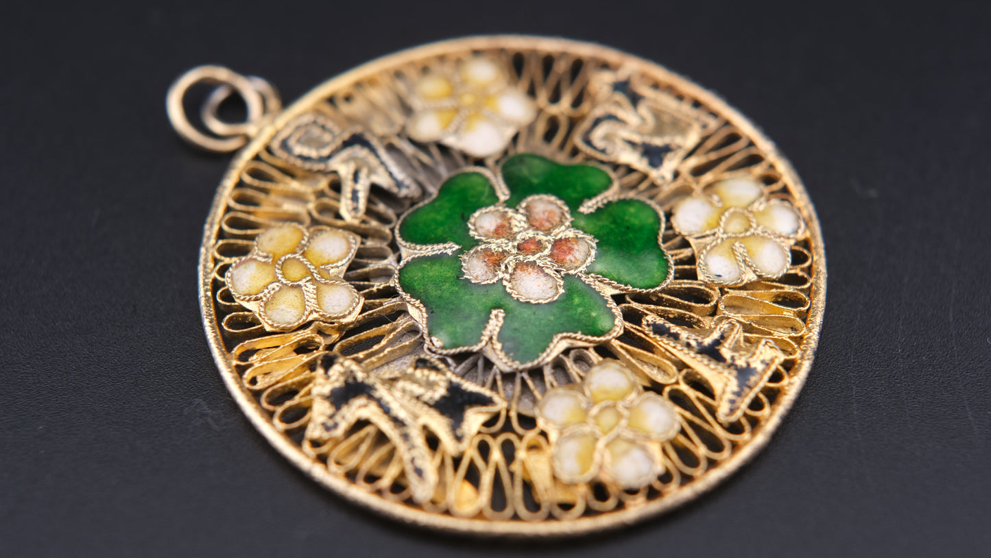 Vintage Double-Sided Cloisonné Pendant – Horse & Floral Motif in Gold Tone Filigree (Chain Excluded)