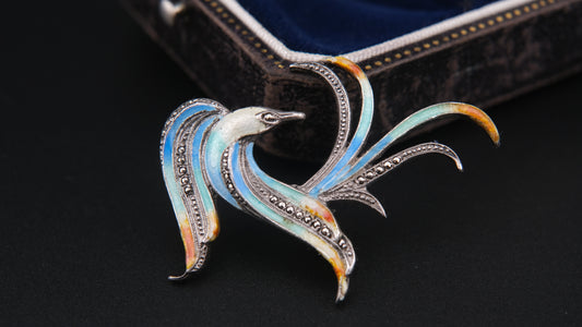 Enamel Bird Brooch – Sterling Silver with Marcasite Accents (GIT Verified 93% Silver)