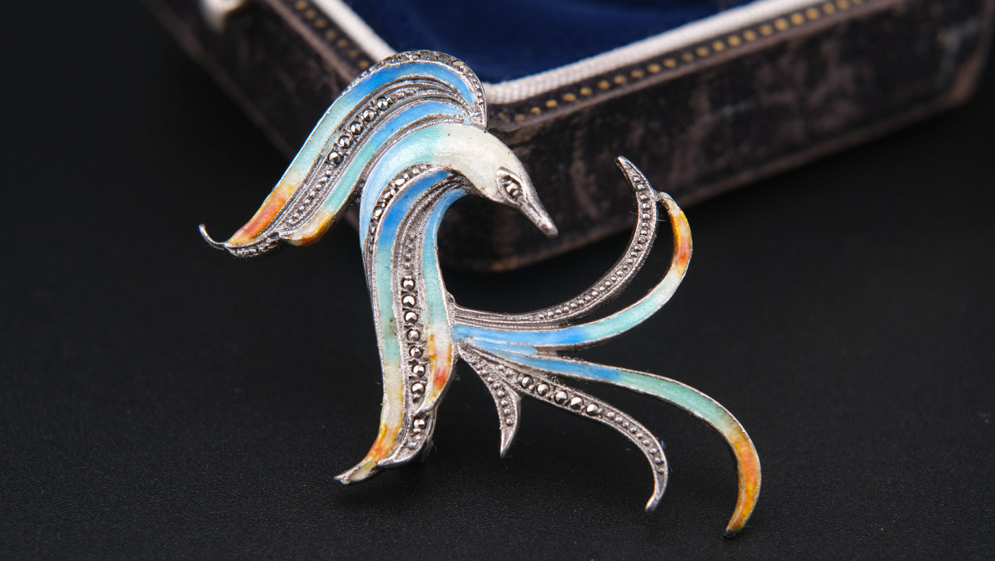 Enamel Bird Brooch – Sterling Silver with Marcasite Accents (GIT Verified 93% Silver)