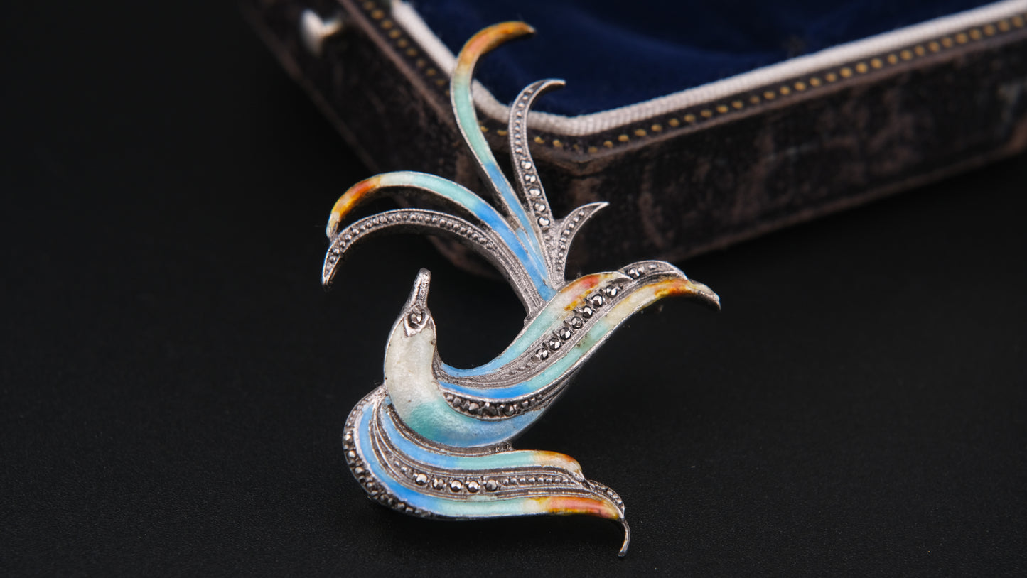 Enamel Bird Brooch – Sterling Silver with Marcasite Accents (GIT Verified 93% Silver)