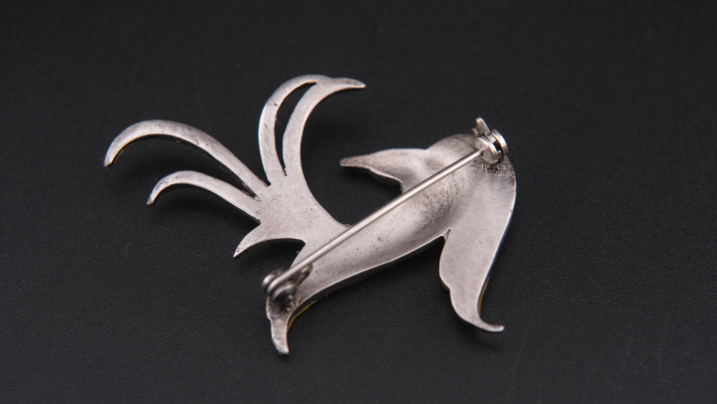 Enamel Bird Brooch – Sterling Silver with Marcasite Accents (GIT Verified 93% Silver)