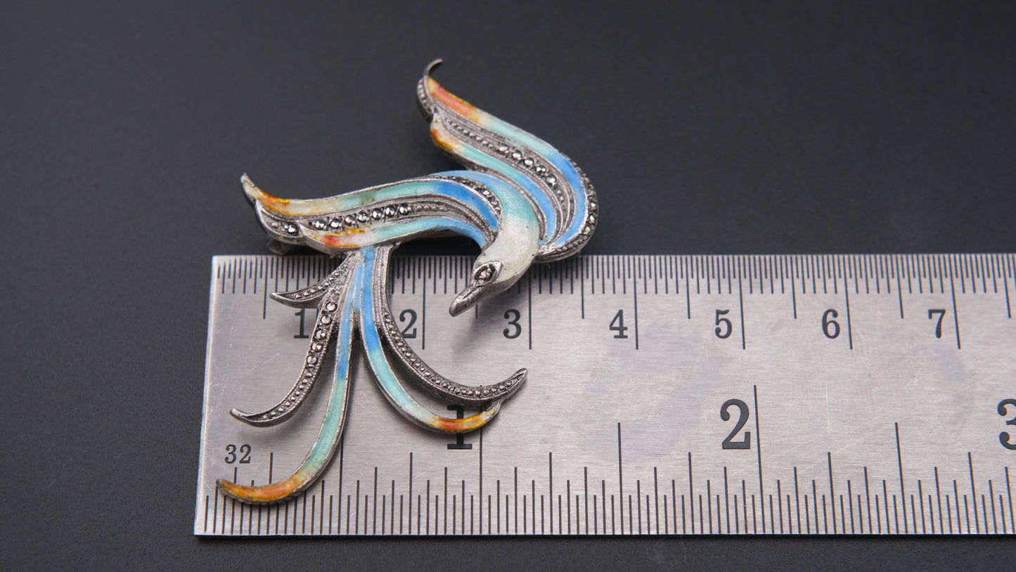 Enamel Bird Brooch – Sterling Silver with Marcasite Accents (GIT Verified 93% Silver)