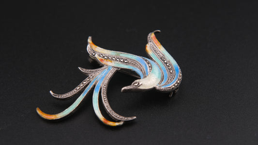 Enamel Bird Brooch – Sterling Silver with Marcasite Accents (GIT Verified 93% Silver)