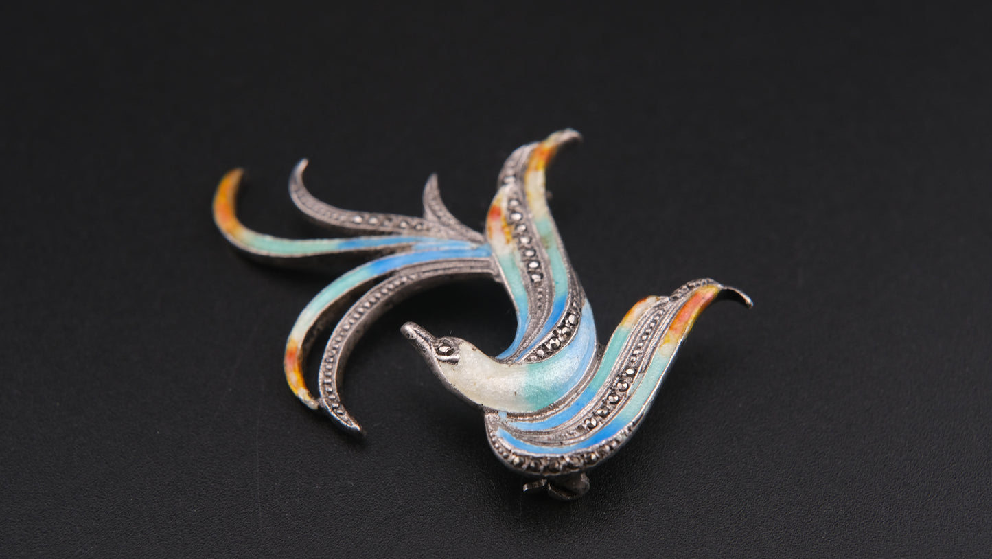 Enamel Bird Brooch – Sterling Silver with Marcasite Accents (GIT Verified 93% Silver)