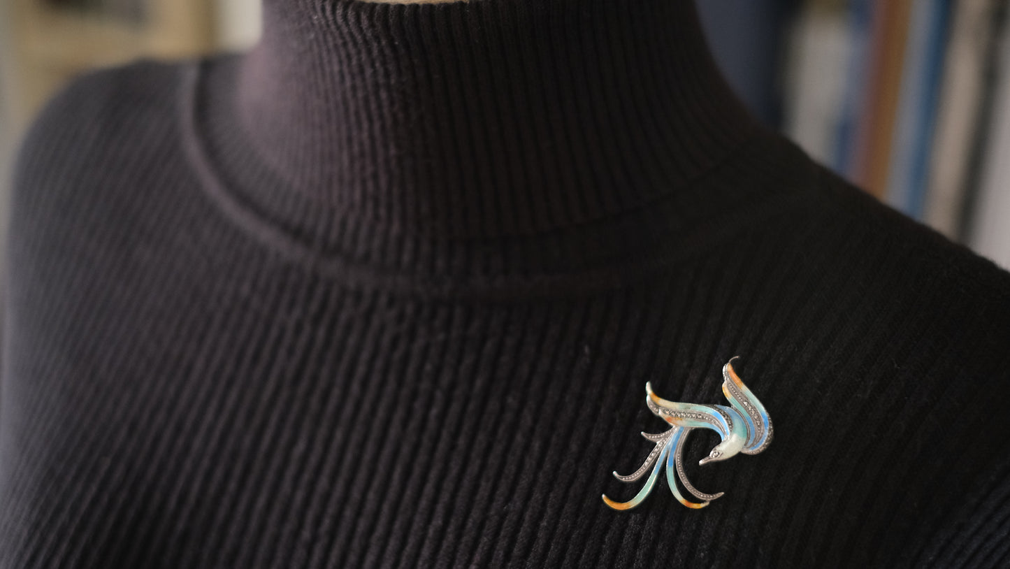 Enamel Bird Brooch – Sterling Silver with Marcasite Accents (GIT Verified 93% Silver)