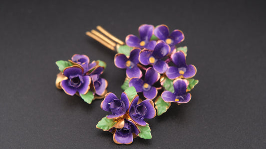 🌸 Vintage Purple Enamel Flower Brooch & Clip-On Earrings Set – Gold Tone