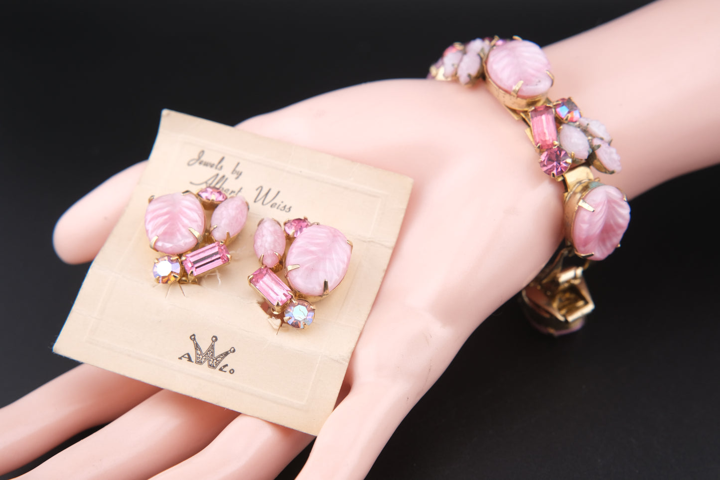 Vintage Weiss Bracelet & Earrings Set — Pink Art Glass & Aurora Borealis Rhinestones, 1950s