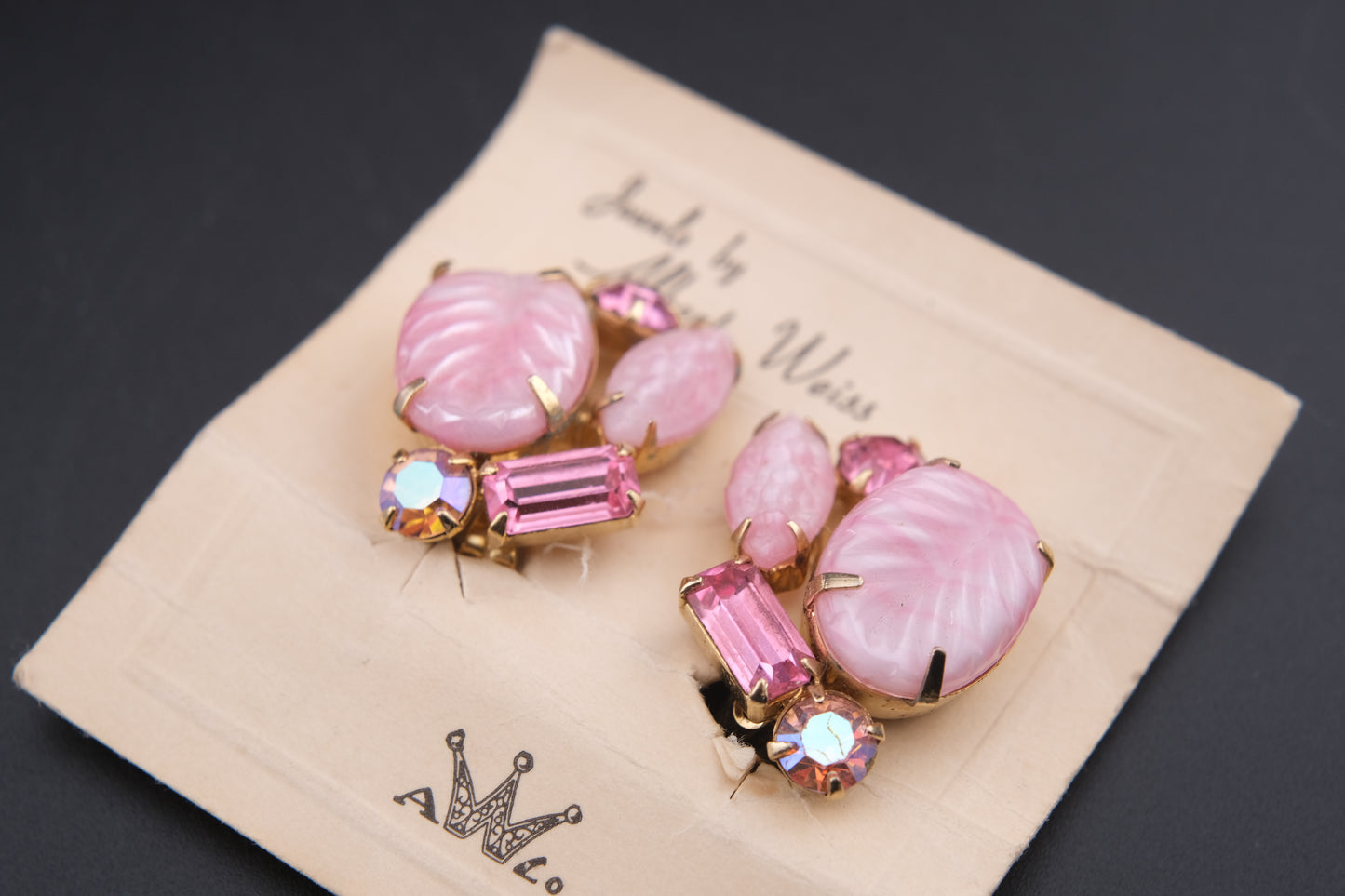 Vintage Weiss Bracelet & Earrings Set — Pink Art Glass & Aurora Borealis Rhinestones, 1950s