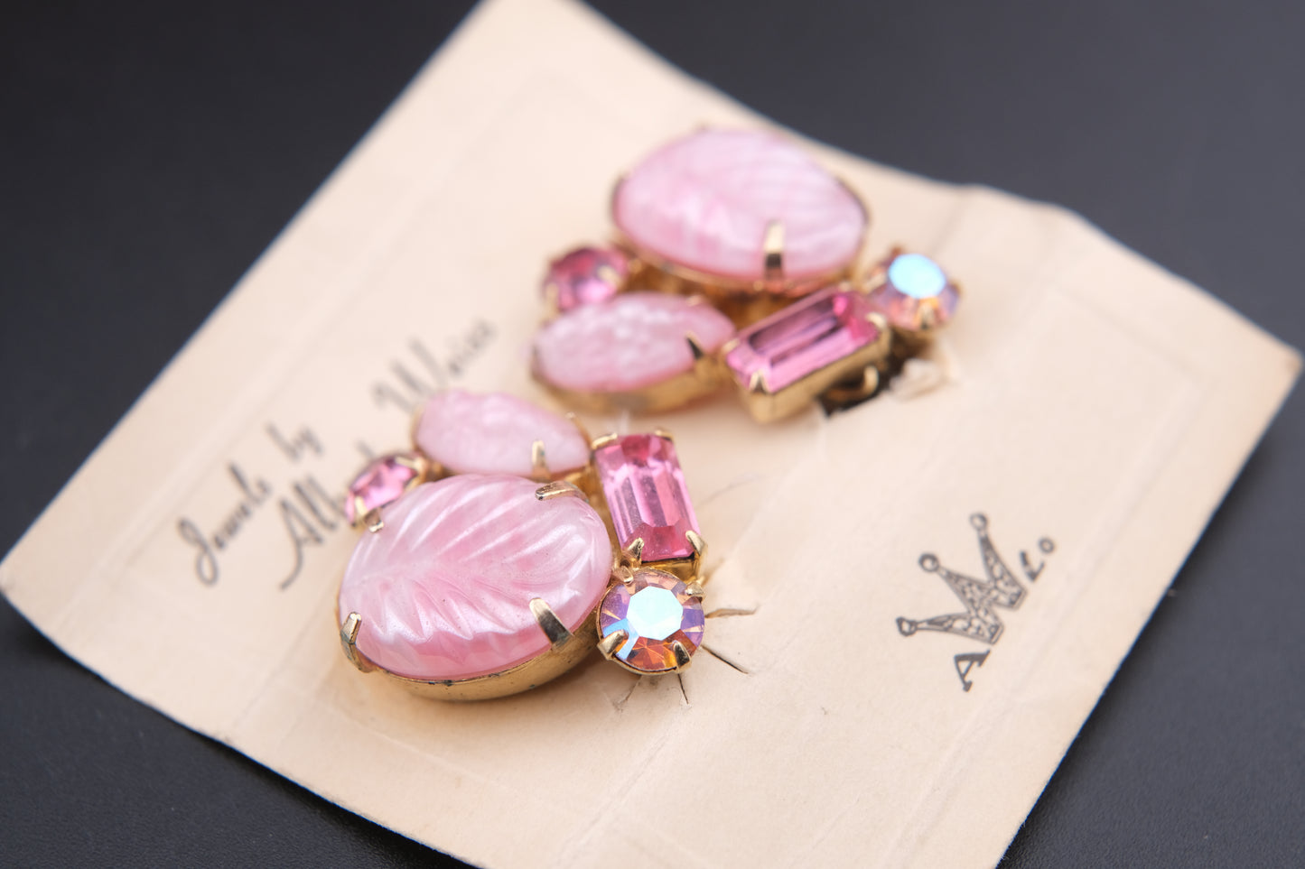 Vintage Weiss Bracelet & Earrings Set — Pink Art Glass & Aurora Borealis Rhinestones, 1950s