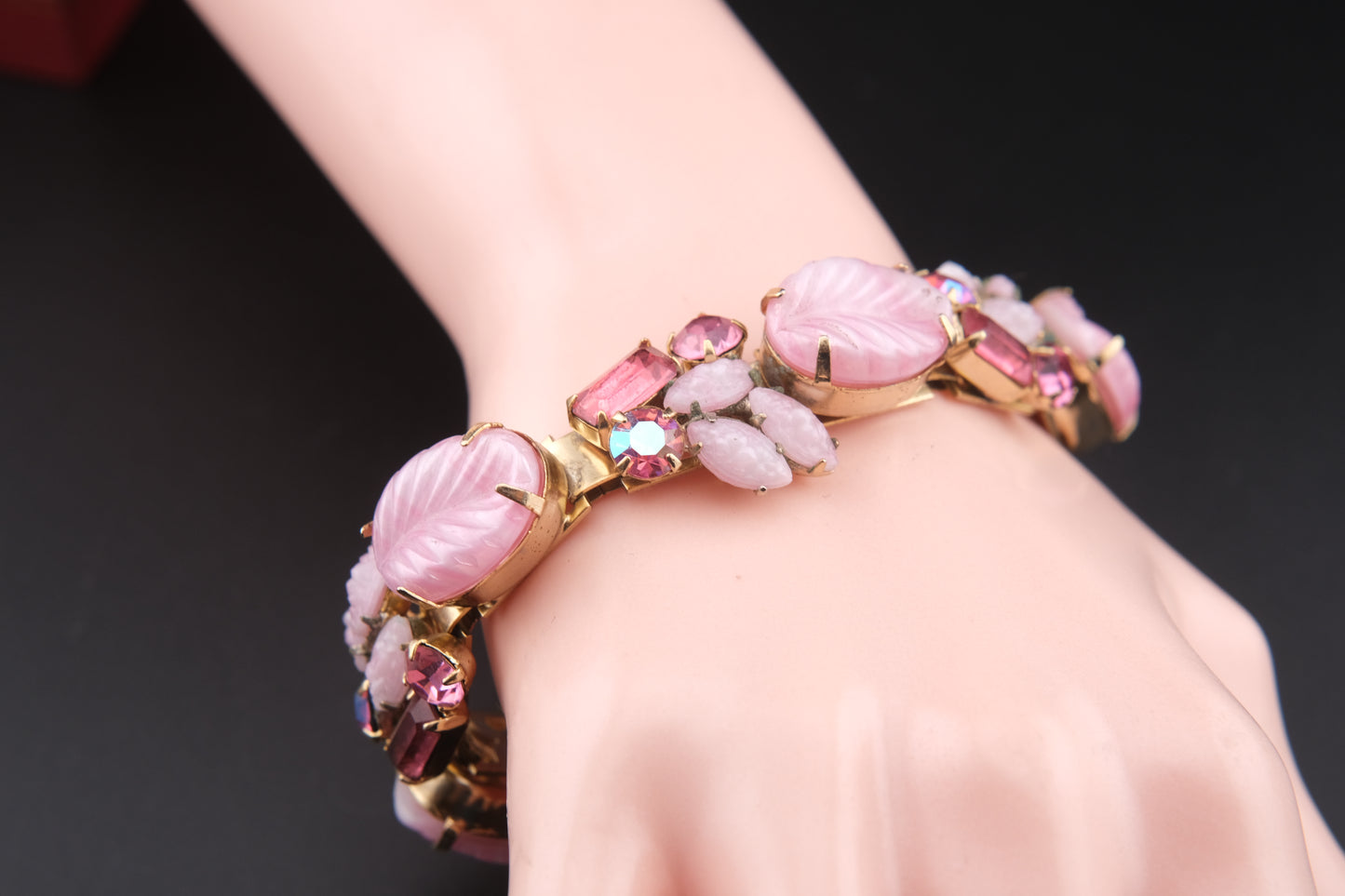 Vintage Weiss Bracelet & Earrings Set — Pink Art Glass & Aurora Borealis Rhinestones, 1950s