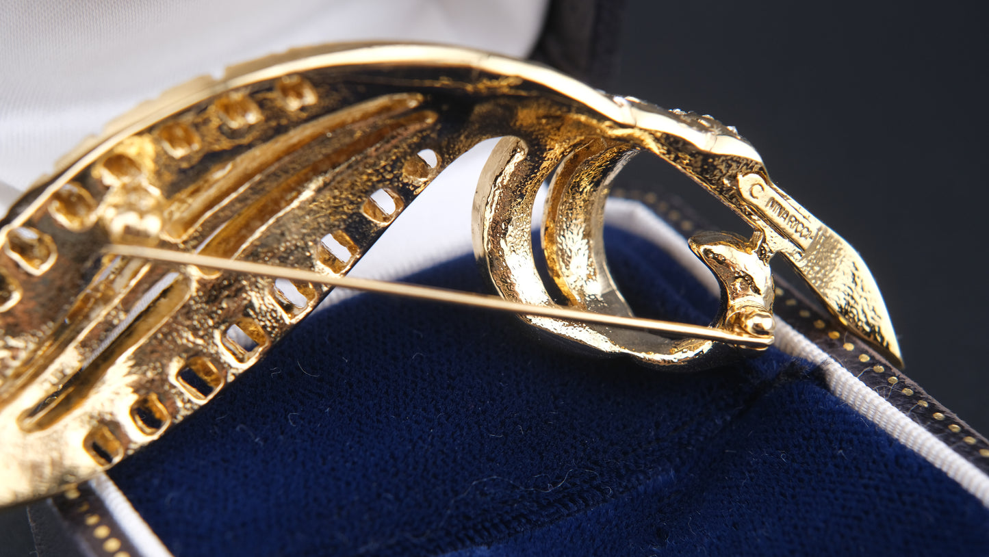 Vintage Nina Ricci Paris Leaf Brooch – Gold-Tone with Clear Round & Baguette Rhinestones