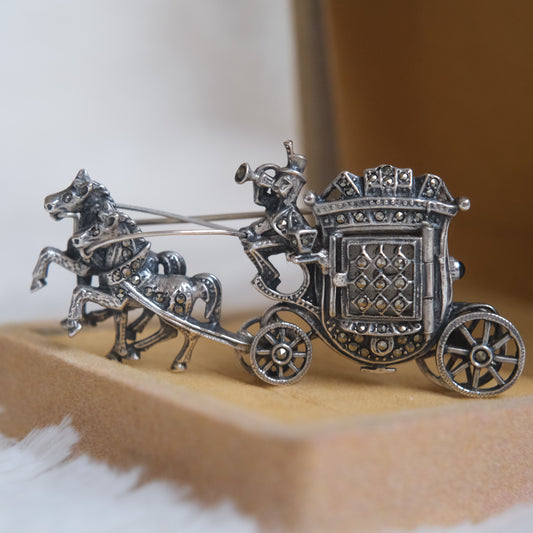 ❤️ Vintage Luise West Germany Sterling Silver Marcasite Coach Brooch Watch