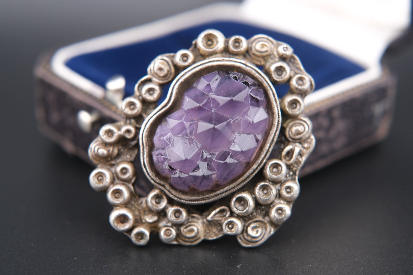 Vintage Miracle Celtic Revival Brooch – Faceted Amethyst Glass in Silver-Tone Setting