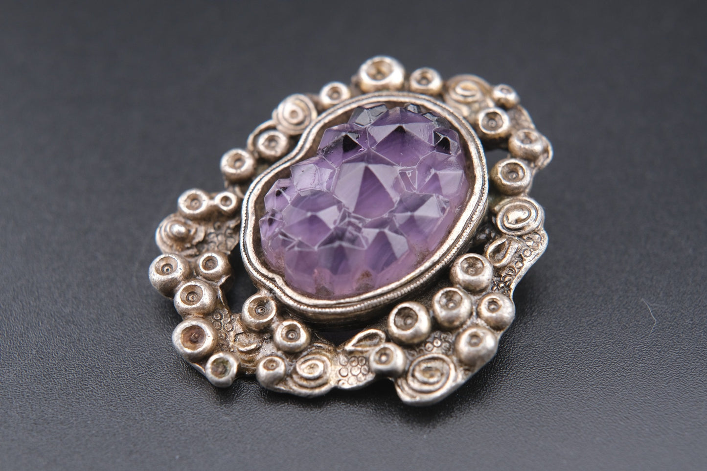 Vintage Miracle Celtic Revival Brooch – Faceted Amethyst Glass in Silver-Tone Setting