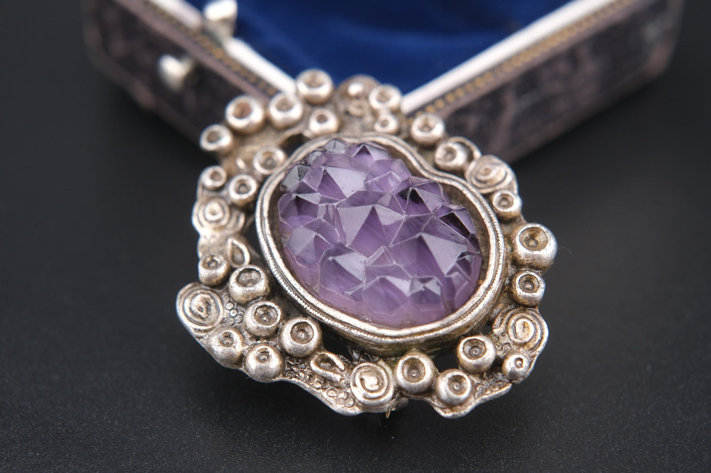 Vintage Miracle Celtic Revival Brooch – Faceted Amethyst Glass in Silver-Tone Setting