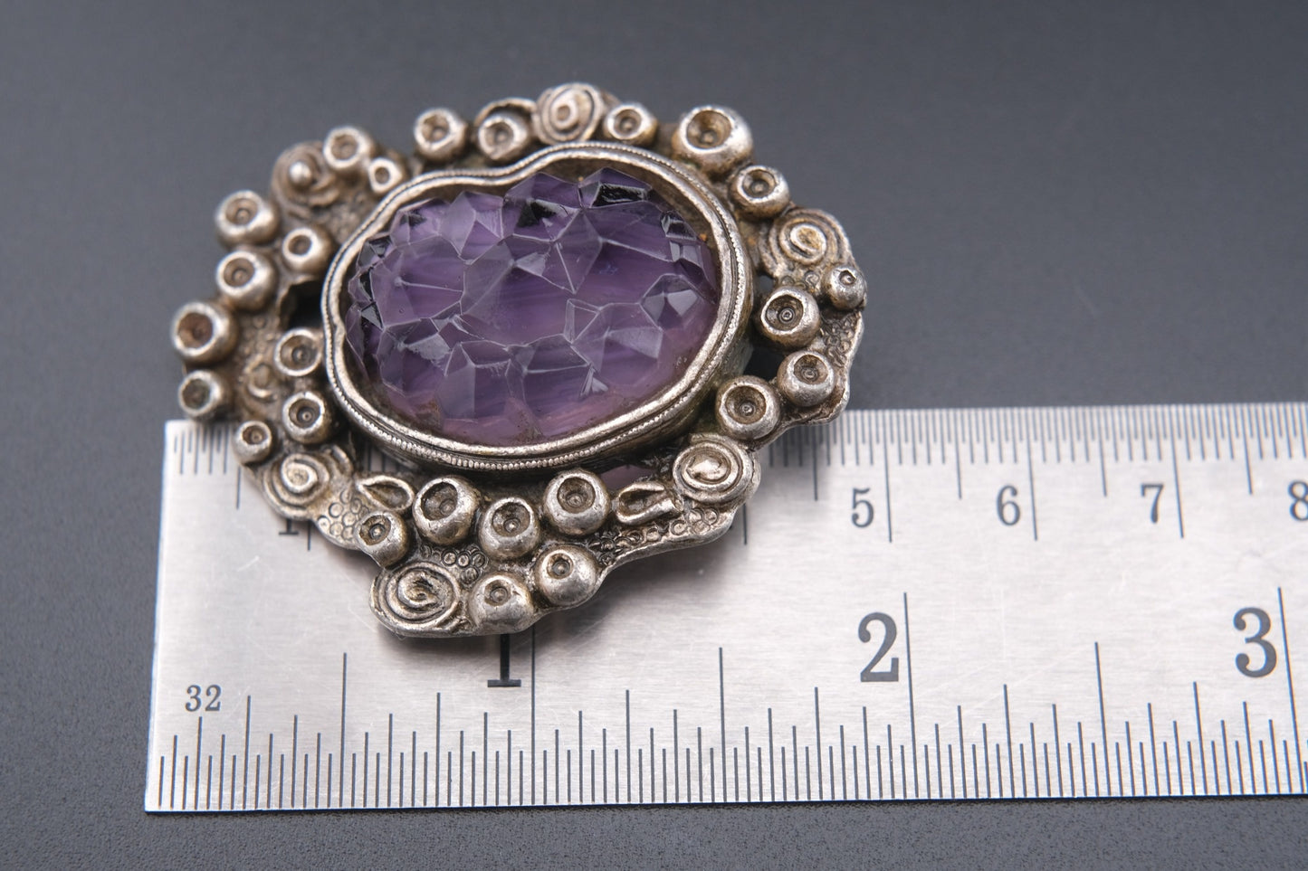 Vintage Miracle Celtic Revival Brooch – Faceted Amethyst Glass in Silver-Tone Setting