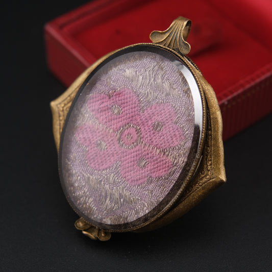 ❤️Vintage Langani Brooch Pendant – Pink Floral Textile Under Flat Glass – Convertible Wearable Art Jewelry from Germany