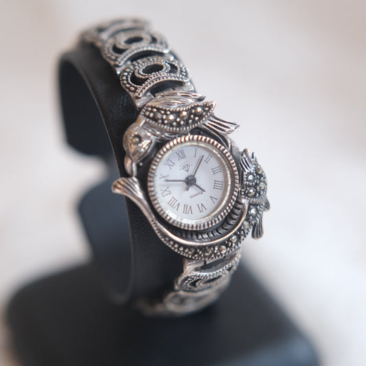 Vintage 925 Marcasite Bird & Fish Bracelet Watch – Japan Quartz