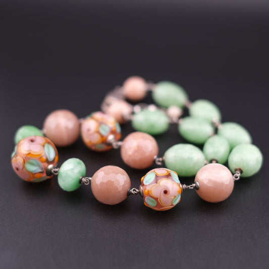 Vintage Sterling Silver Beaded Necklace with Murano Glass, Aventurine & Peach Quartz